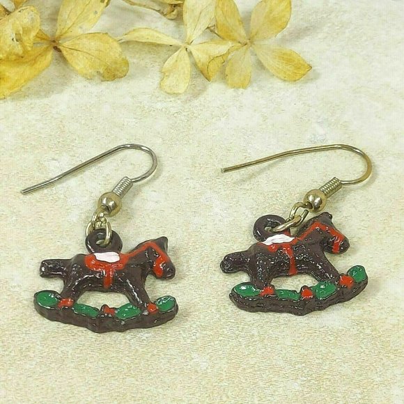 Vintage Rocking Horse Earrings Jewelry Black Steed Toy Red Saddle Dangle Earring - Picture 3 of 8